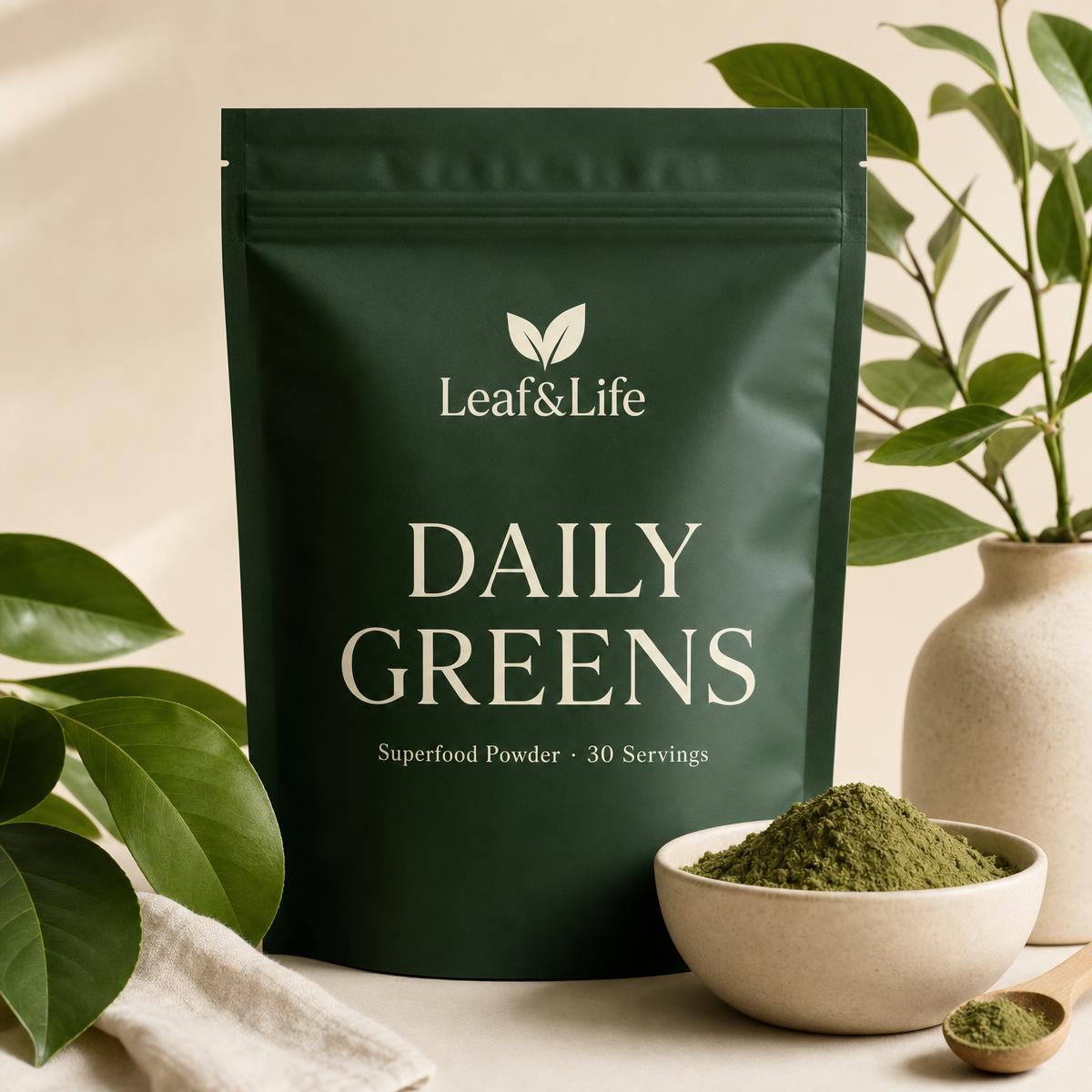 Leaf&Life Daily Greens pouch beside fresh botanicals and a bowl of green powder