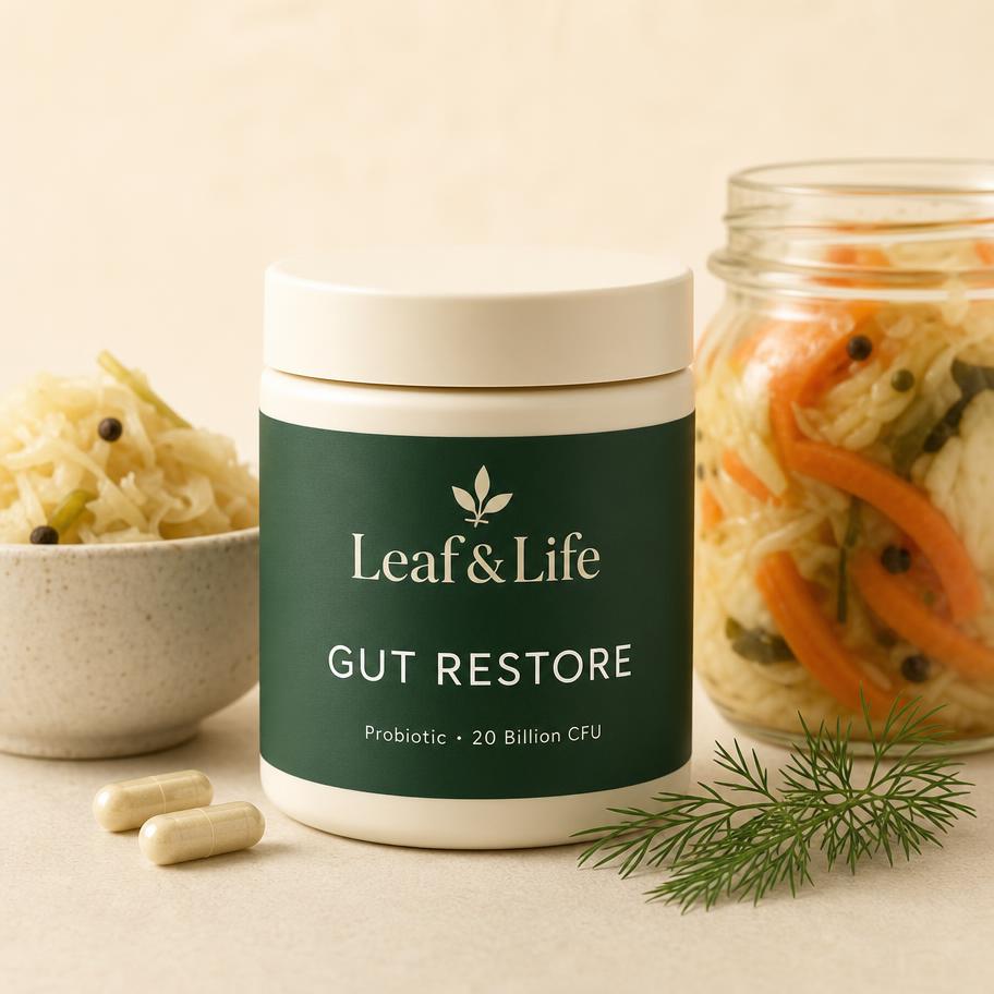 Gut Restore — 20 billion CFU across six strains, with prebiotic fibre.